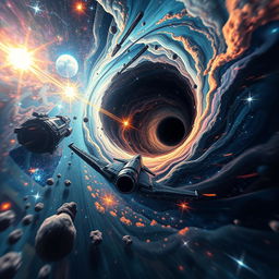 A thrilling science fiction scene depicting multiverse travel through the fabric of time, centered around a black hole