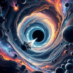 A thrilling science fiction scene depicting multiverse travel through the fabric of time, centered around a black hole