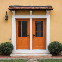 Un dibujo de casa colonial de frente con un portón de madera y dos ventanas, ventana una a la par de la otra, color amarilla y delineada como dibujo, con techo de teja color naranja y una chimenea con cúpula color blanco, en entorno minimalista