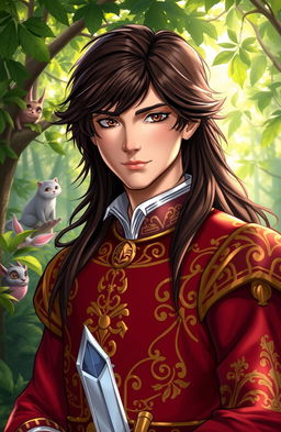 A handsome prince with long dark brown hair and striking amber eyes, wearing a richly embroidered royal outfit with gold accents