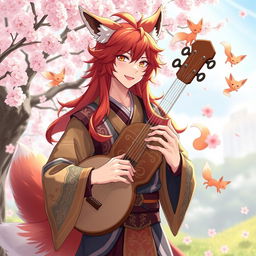 A male bard character representing the Kitsune race, showcasing fox-like features