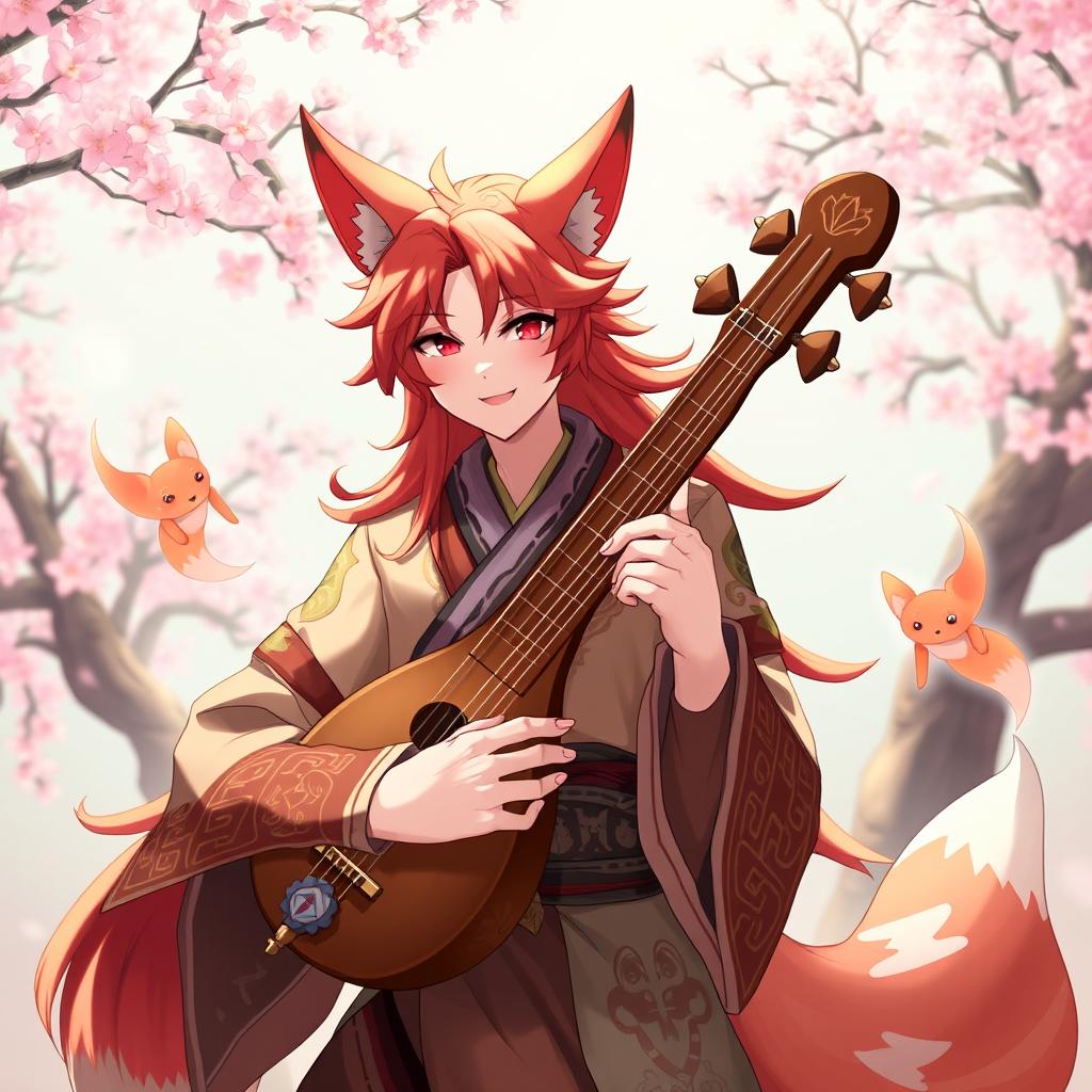 A male bard character representing the Kitsune race, showcasing fox-like features