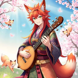 A male bard character representing the Kitsune race, showcasing fox-like features