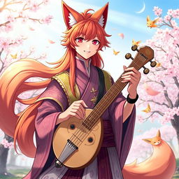 A male bard character representing the Kitsune race, showcasing fox-like features