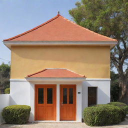 Un plano arquitectónico de casa colonial de frente con un portón de madera y dos ventanas, ventana una a la par de la otra, color amarilla y delineada como dibujo, con techo de teja color naranja y una chimenea con cúpula color blanco, en entorno minimalista