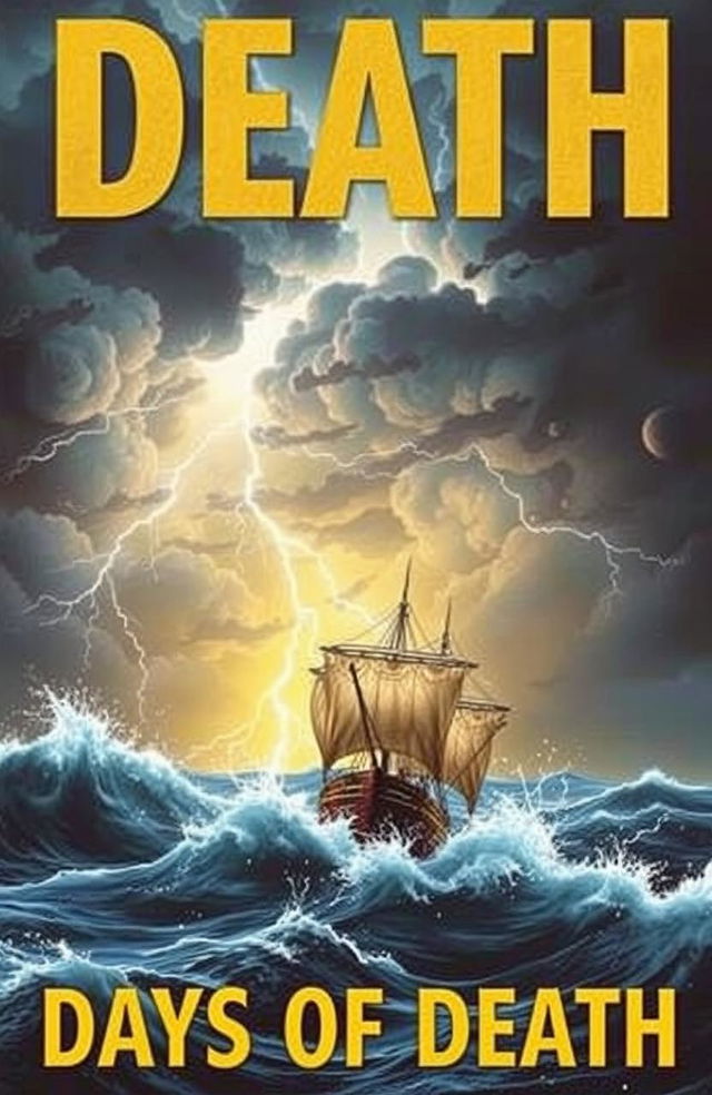 A dramatic book cover for 'Days Of Death', featuring a fierce thunderstorm at sea