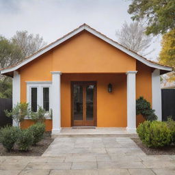 Un plano arquitectónico de casa colonial de frente con un portón de madera y dos ventanas, ventana una a la par de la otra, color amarilla y delineada como dibujo, con techo de teja color naranja y una chimenea con cúpula color blanco, en entorno minimalista