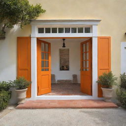 Un plano arquitectónico de casa colonial de frente con un portón de madera y dos ventanas, ventana una a la par de la otra, color amarilla y delineada como dibujo, con techo de teja color naranja y una chimenea con cúpula color blanco, en entorno minimalista