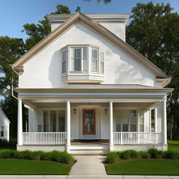 Full view of a two-story white house with a pitched roof and a car porch