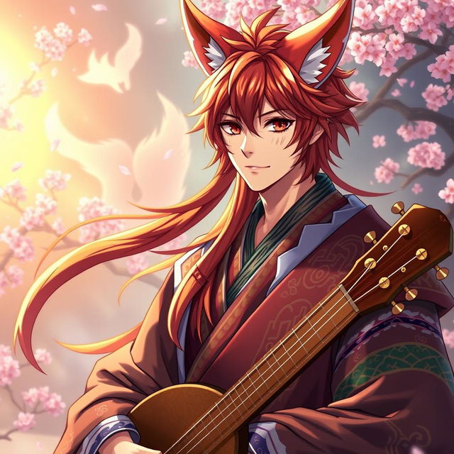 An adult male bard character of the Kitsune race, showcasing fox-like features and a more mature demeanor