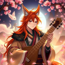 An adult male bard character of the Kitsune race, showcasing fox-like features and a more mature demeanor