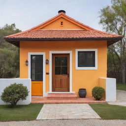 Un plano arquitectónico de casa colonial de frente con un portón de madera y dos ventanas, ventana una a la par de la otra, color amarilla y delineada como dibujo, con techo de teja color naranja y una chimenea con cúpula color blanco, en entorno minimalista