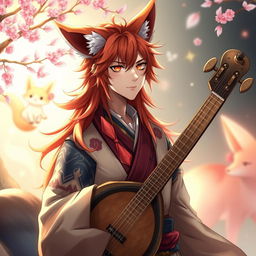 An adult male bard character of the Kitsune race, showcasing fox-like features and a more mature demeanor