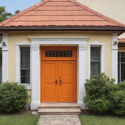 Un plano lineal arquitectónico de casa colonial de frente con un portón de madera y dos ventanas, ventana una a la par de la otra, color amarilla y delineada como dibujo, con techo de teja color naranja y una chimenea con cúpula color blanco, en entorno minimalista