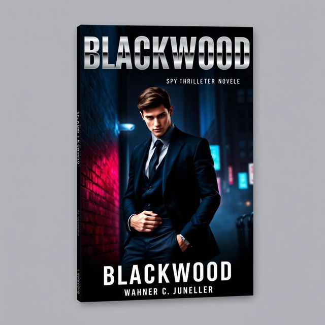 A book cover design for a spy thriller novel titled 'Blackwood'