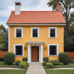 Un plano lineal arquitectónico de casa colonial de frente con un portón de madera y dos ventanas, ventana una a la par de la otra, color amarilla y delineada como dibujo, con techo de teja color naranja y una chimenea con cúpula color blanco, en entorno minimalista