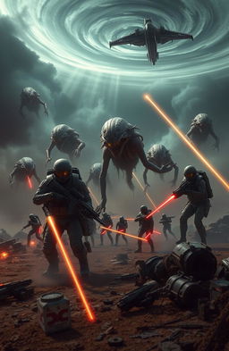 A gripping military sci-fi horror scene featuring a futuristic battlefield