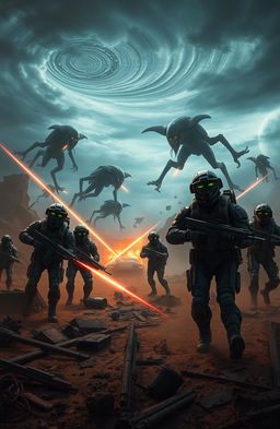 A gripping military sci-fi horror scene featuring a futuristic battlefield