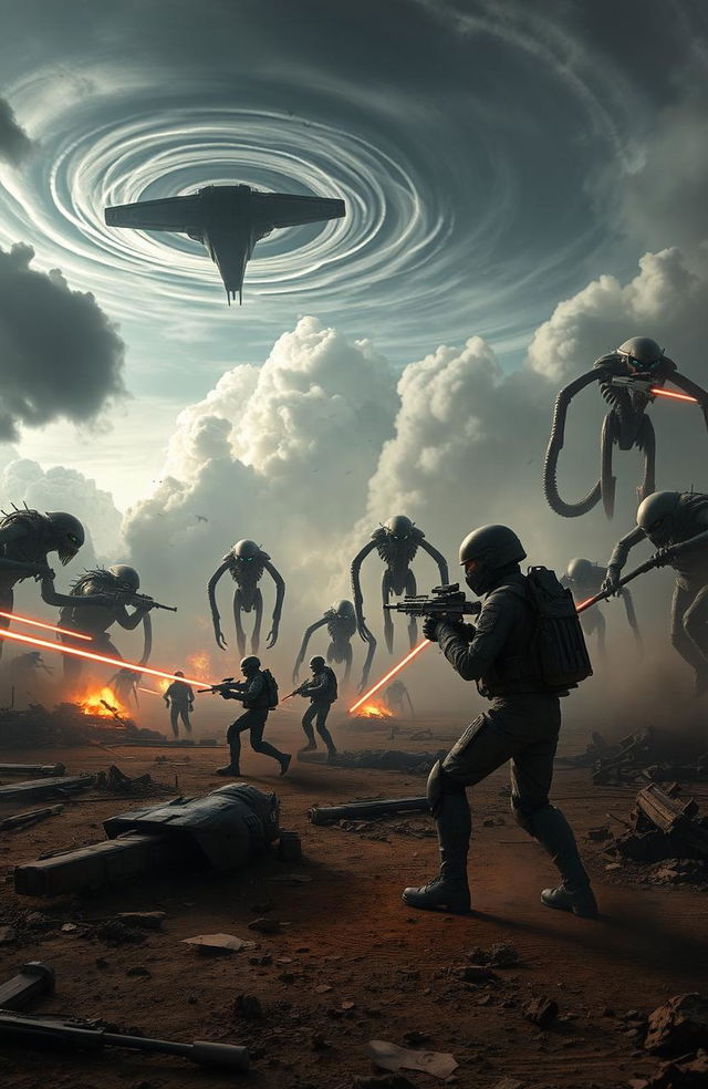 A gripping military sci-fi horror scene featuring a futuristic battlefield