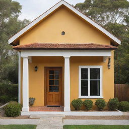 Un plano lineal arquitectónico de casa colonial de frente con un portón de madera y dos ventanas, ventana una a la par de la otra, color amarilla y delineada como dibujo, con techo de teja color naranja y una chimenea con cúpula color blanco, en entorno minimalista