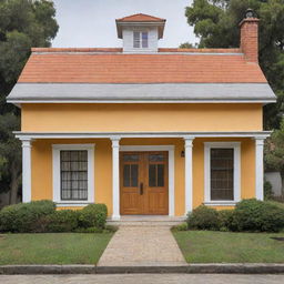 Un plano lineal arquitectónico de casa colonial de frente con un portón de madera y dos ventanas, ventana una a la par de la otra, color amarilla y delineada como dibujo, con techo de teja color naranja y una chimenea con cúpula color blanco, en entorno minimalista