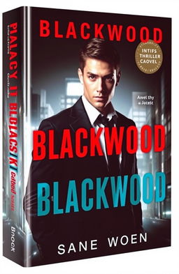 A captivating book cover for the spy thriller novel 'Blackwood', featuring a young man as the central character with a strong, enigmatic presence reflecting his role as a spy