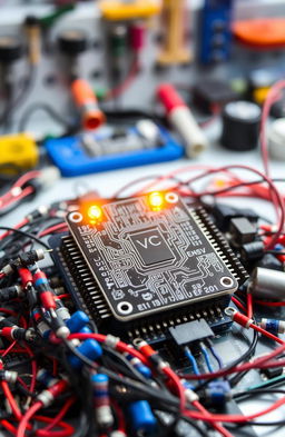 A high-tech microcontroller surrounded by various electronic components like resistors, capacitors, and wires