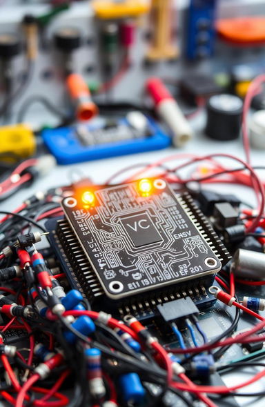 A high-tech microcontroller surrounded by various electronic components like resistors, capacitors, and wires