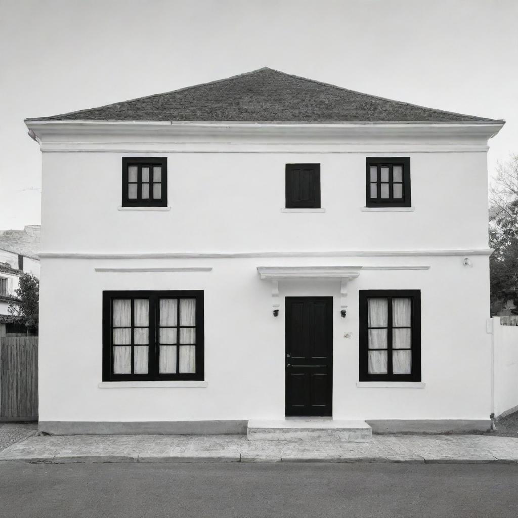 Un plano lineal arquitectónico de casa colonial de frente con un portón de madera y dos ventanas, ventana una a la par de la otra, blanco y negro y delineada como dibujo, con techo de teja, en entorno minimalista