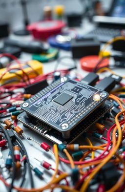 A high-tech microcontroller surrounded by various electronic components like resistors, capacitors, and wires