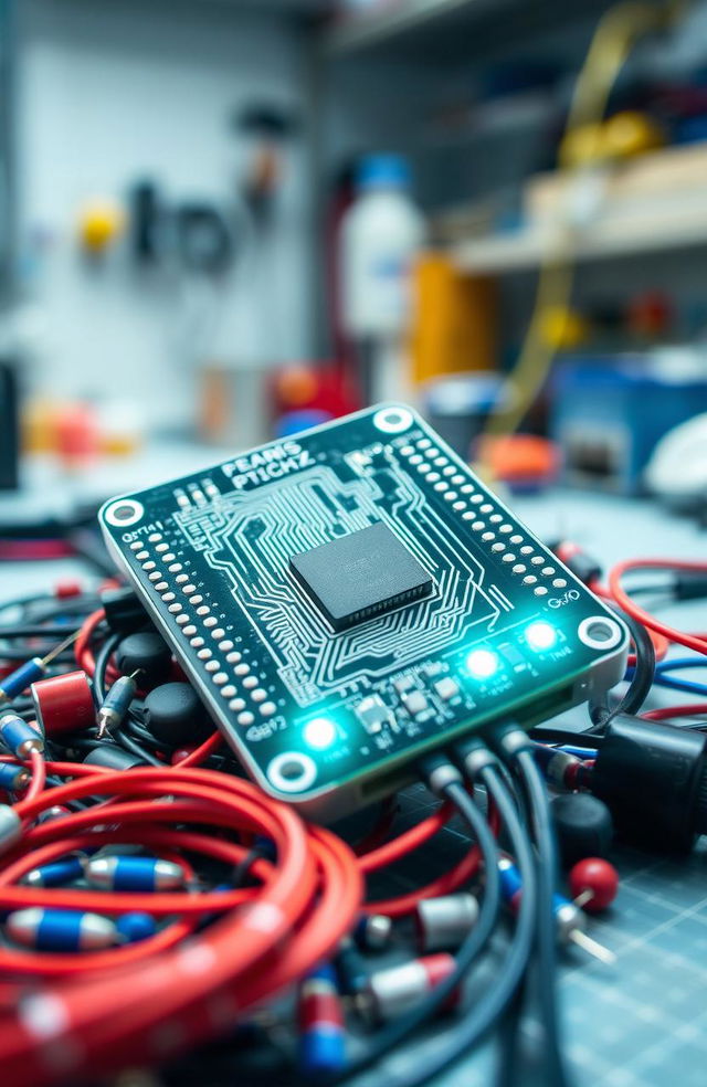 A high-tech microcontroller surrounded by various electronic components like resistors, capacitors, and wires