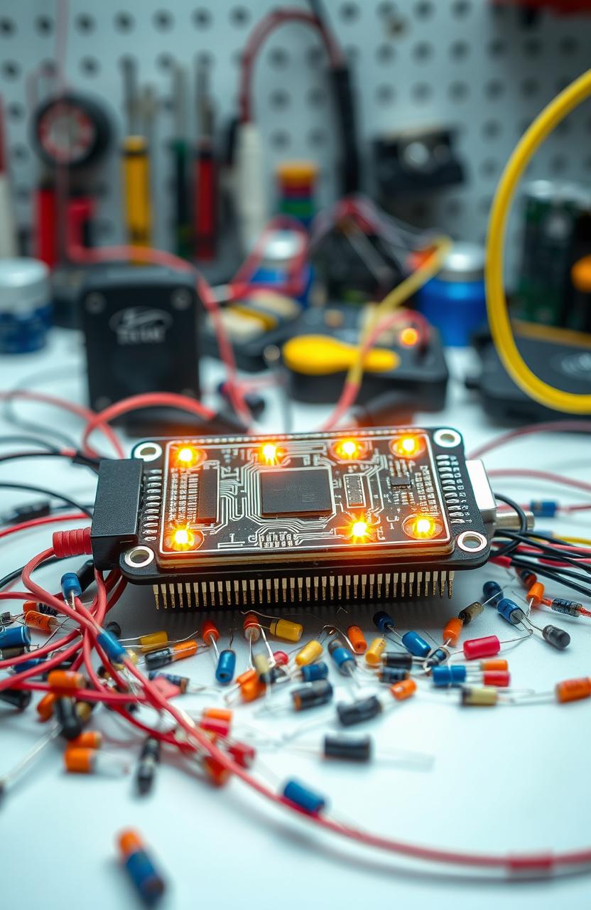 A high-tech microcontroller surrounded by various electronic components like resistors, capacitors, and wires