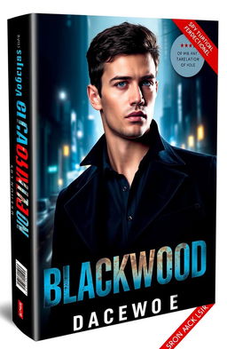A captivating book cover for the spy thriller novel 'Blackwood', featuring a young man as the central character with a strong, enigmatic presence reflecting his role as a spy