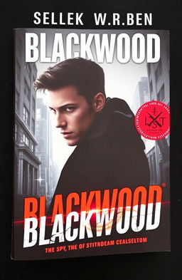 A captivating book cover for the spy thriller novel 'Blackwood', featuring a young man as the central character with a strong, enigmatic presence reflecting his role as a spy