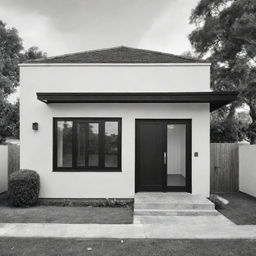 Un plano lineal arquitectónico de casa colonial de frente con un portón de madera y dos ventanas, ventana una a la par de la otra, blanco y negro y delineada como dibujo, con techo de teja, en entorno minimalista