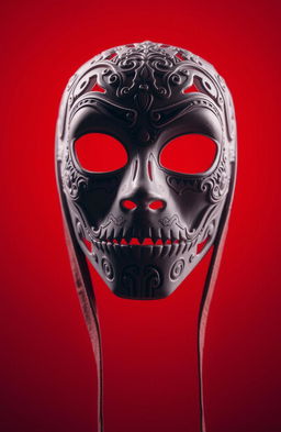 A striking image featuring a white mask prominently displayed against a vibrant red background
