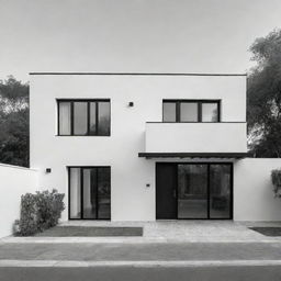 Un plano lineal arquitectónico de casa colonial de frente con un portón de madera y dos ventanas, ventana una a la par de la otra, blanco y negro y delineada como dibujo, con techo de teja, en entorno minimalista