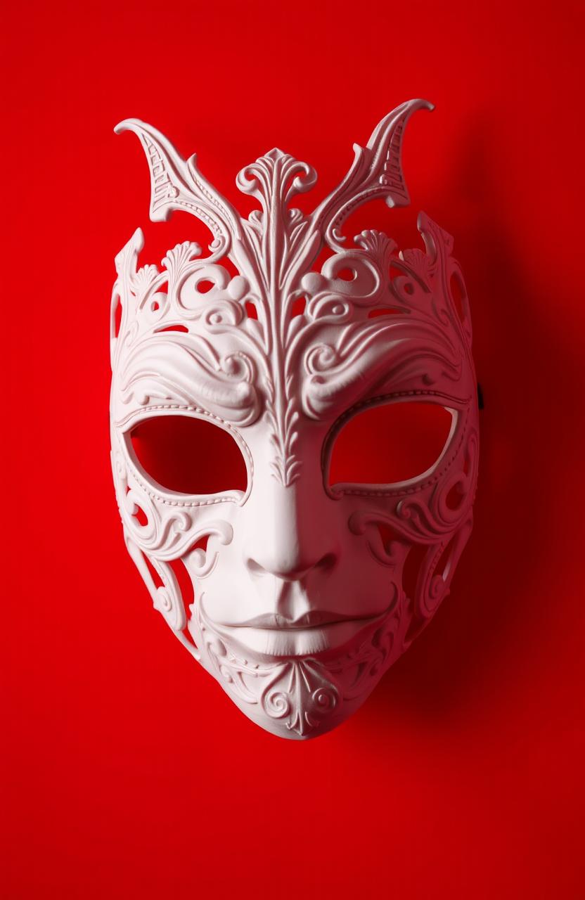 A striking image featuring a white mask prominently displayed against a vibrant red background