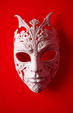 A striking image featuring a white mask prominently displayed against a vibrant red background