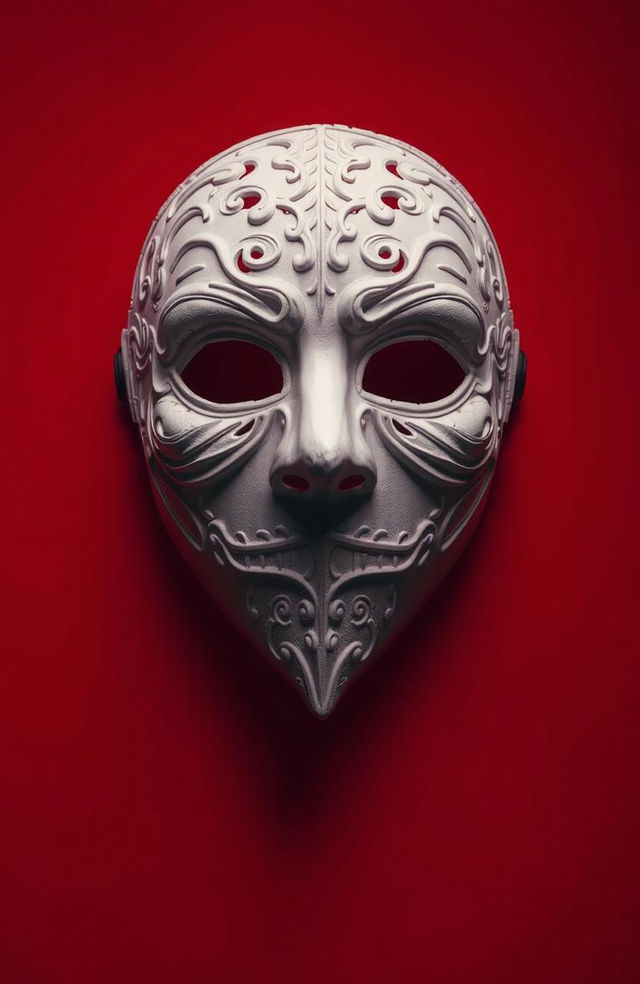 A striking image featuring a white mask prominently displayed against a vibrant red background