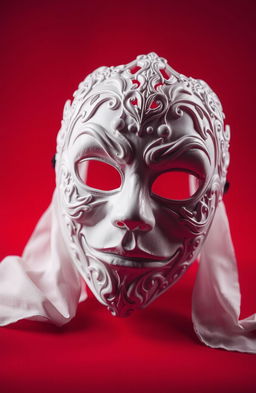 A striking image featuring a white mask prominently displayed against a vibrant red background