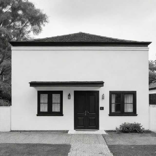 Un plano lineal arquitectónico de casa colonial de frente con un portón de madera y dos ventanas, ventana una a la par de la otra, blanco y negro y delineada como dibujo, con techo de teja, en entorno minimalista