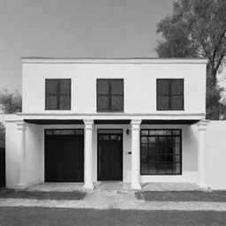 Un plano lineal casa colonial de frente con un portón de madera y dos ventanas, blanco y negro, techo de teja