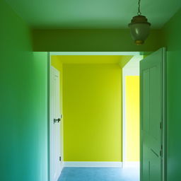 A 12x12 room with one door and a side window. The front wall is pure yellow, the ceiling and the other three walls are green, and the floor is blue.