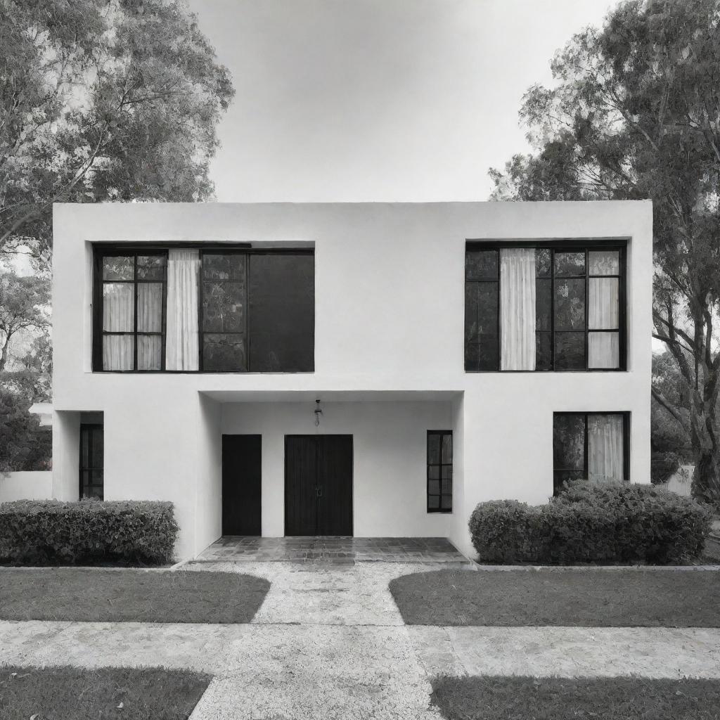 Un plano lineal casa colonial de frente con un portón de madera y dos ventanas, blanco y negro, techo de teja