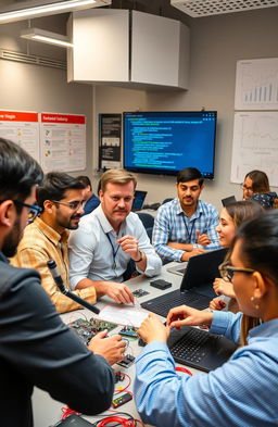 A detailed scene of a training session focused on microcontroller applications using the Internet of Things (IoT) with an ESP32