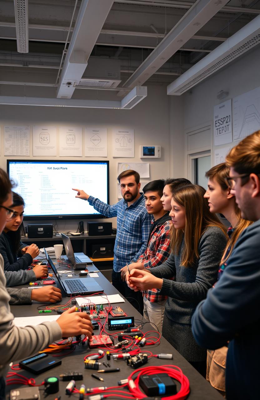 A detailed scene of a training session focused on microcontroller applications using the Internet of Things (IoT) with an ESP32