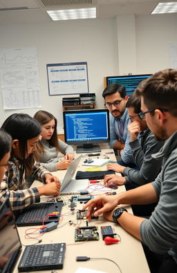 A detailed scene of a training session focused on microcontroller applications using the Internet of Things (IoT) with an ESP32
