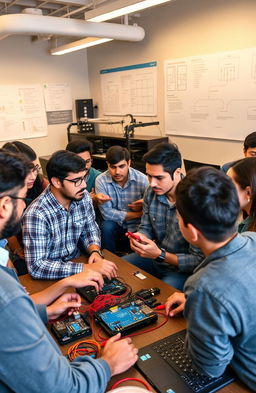 A detailed scene of a training session focused on microcontroller applications using the Internet of Things (IoT) with an ESP32