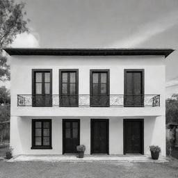 Un plano lineal casa colonial de frente con un portón de madera y dos ventanas, blanco y negro, techo de teja